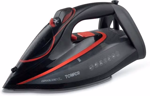 Tower One Temp Steam Iron with XL Non-Stick Ceramic Sole Plate, Red and Black