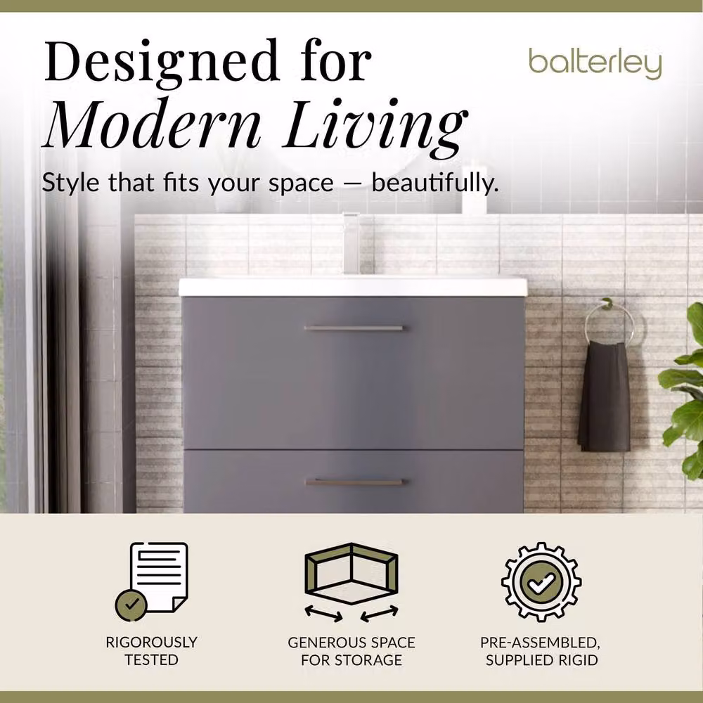 Balterley Contemporary Floor Standing 2 Drawer Bathroom Vanity Unit with Mid-Edge Ceramic Basin, Satin Grey, W: 80 cm, D: 39 cm, H: 84 cm – 2