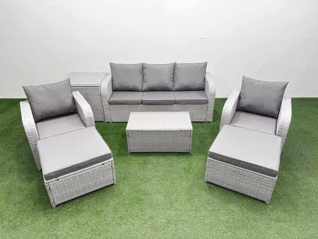 Fimous PE Rattan Garden Furniture Set in Light Grey with 3-Seater Sofa, Reclining Armchairs, Coffee Table, Side Table and 2 Ottomans