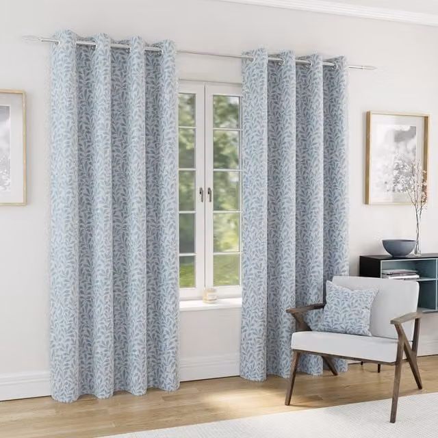 Enhanced Living Sherwood Ice Blue Blackout Jacquard Leaf Eyelet Curtains, Blue, Height: 229 cm