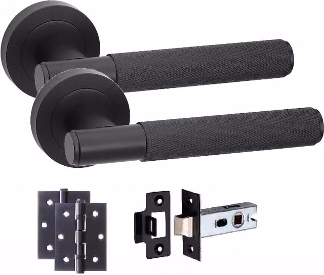 Golden Grace Knurled T-Bar Door Handles with Round Rose Internal Set in Matt Black