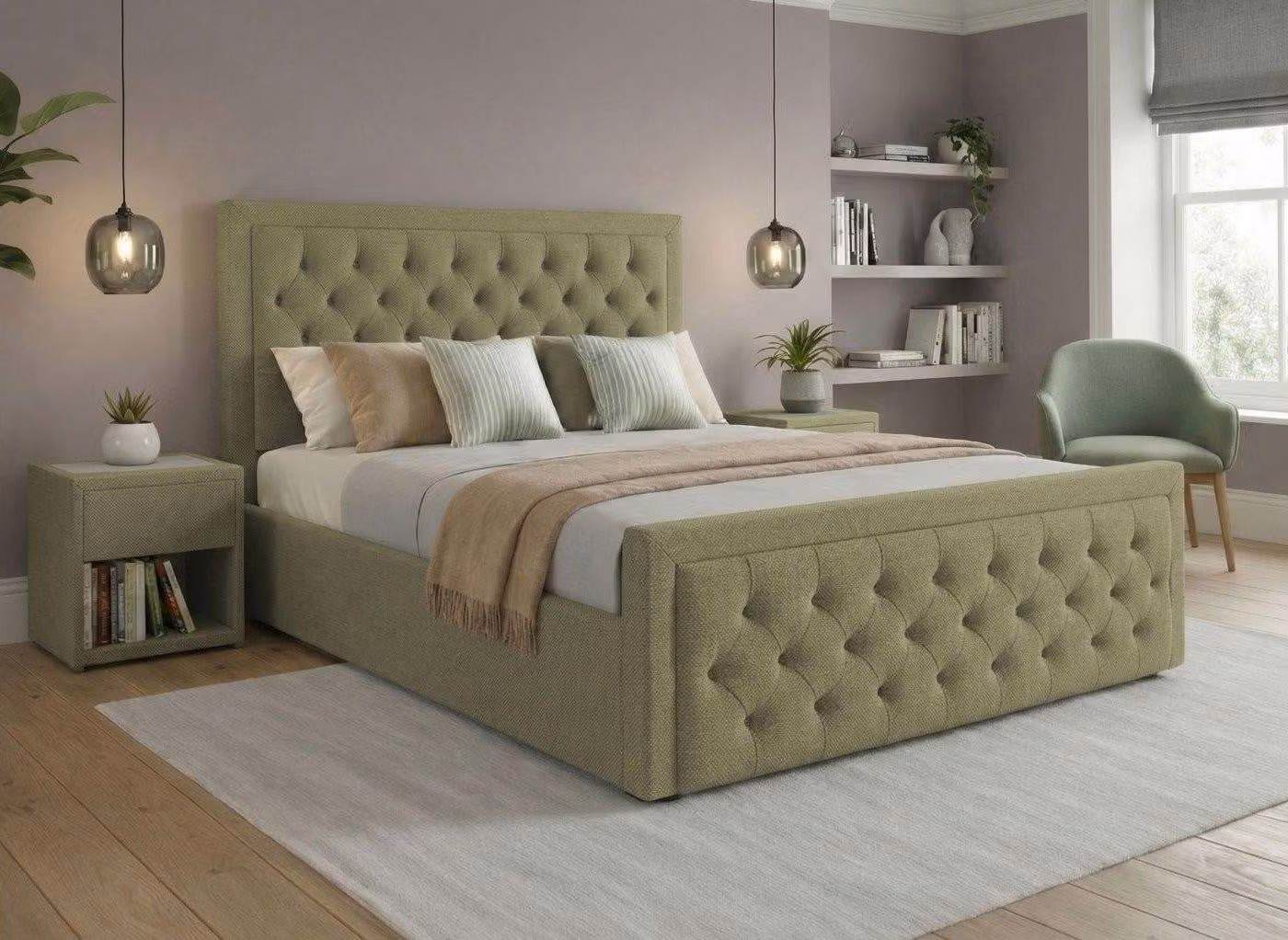Dreams Robyn Green Fabric Upholstered Chesterfield Ottoman Bed Frame