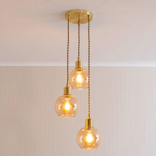 Bellamy Amber Glass Globe 3 Drop Cluster Ceiling Pendant Light with LED Bulbs in Brushed Gold