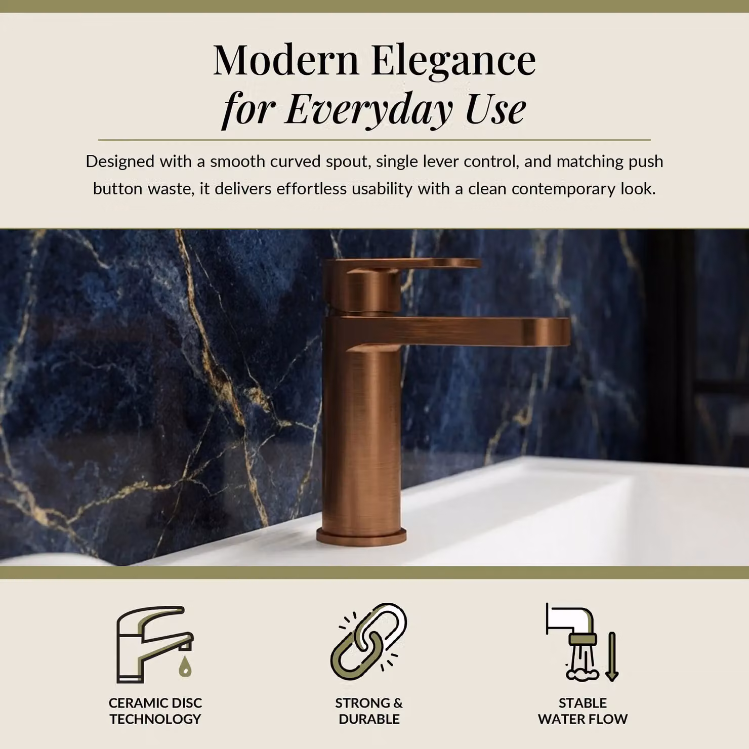 Balterley Current Round Mono Basin Mixer Tap with Push Button Waste, Brushed Bronze and Brown – 2