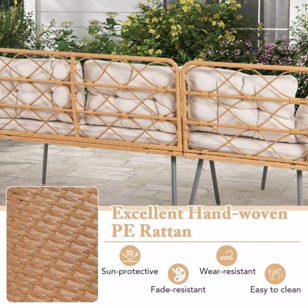 Costway 3 Piece L-Shaped Polyrattan Patio Furniture Set in Brown with Beige Upholstered Cushions – 3