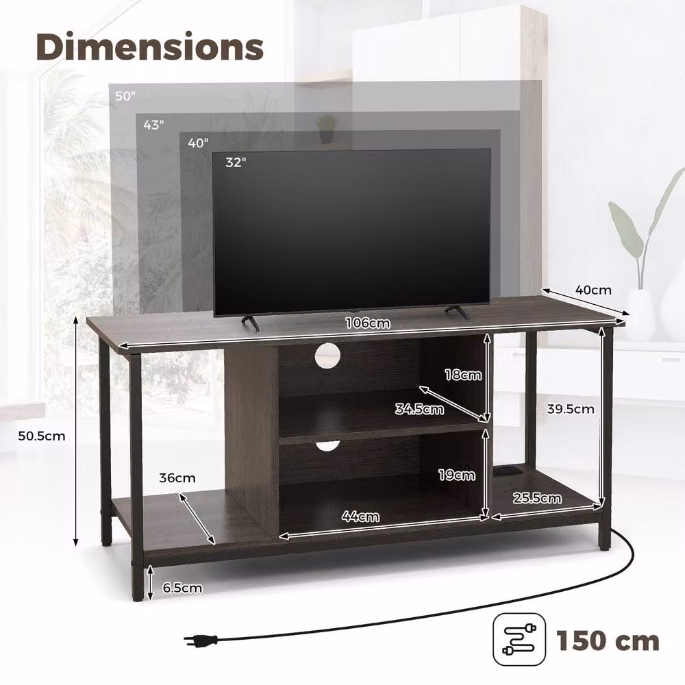 Gymax Modern 3-Tier Grey TV Stand with Power Outlet and Type-C Port – 2