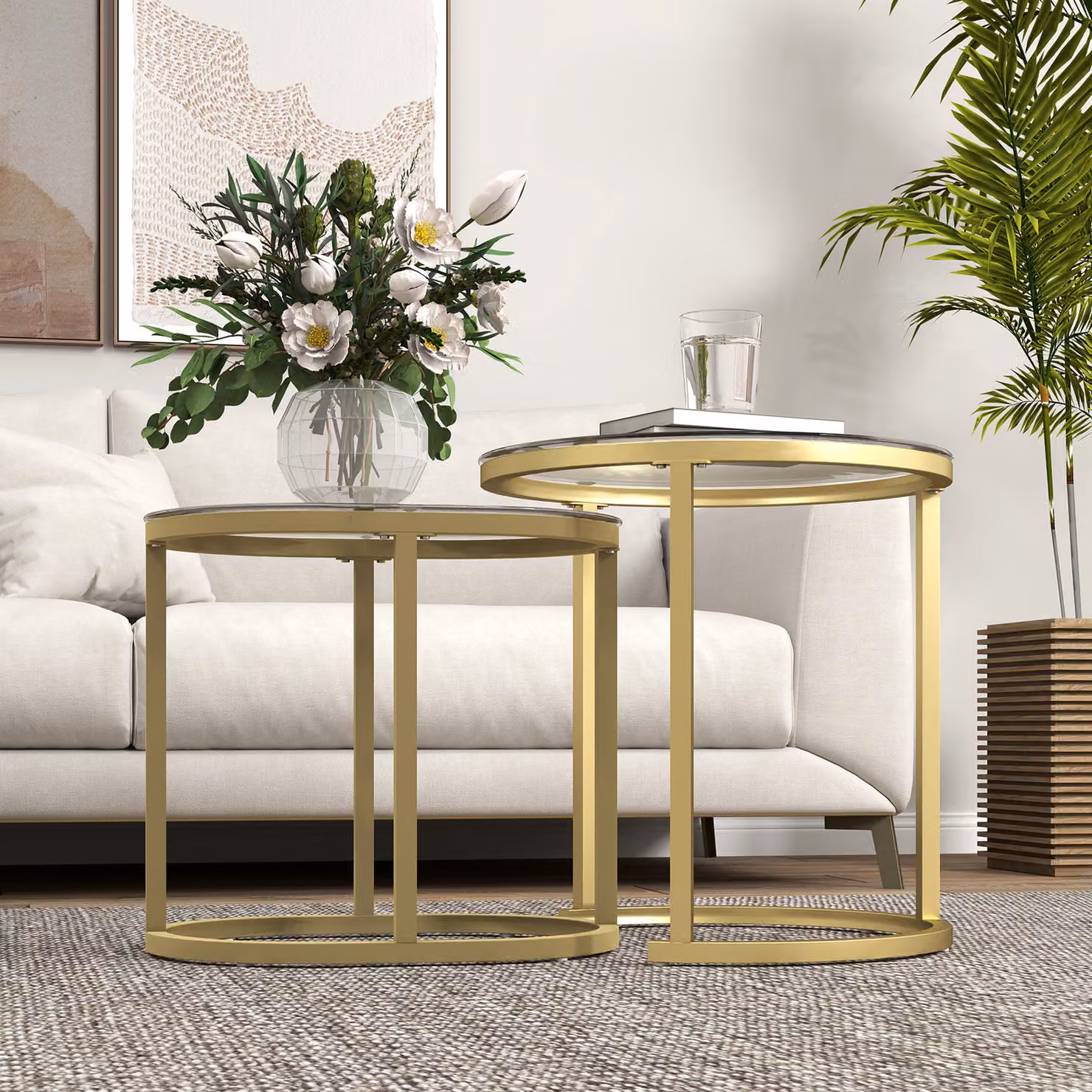 HOMCOM Modern Nest of 2 Round Coffee Tables with Gold Steel Frame and Clear Tempered Glass Tabletop – 5