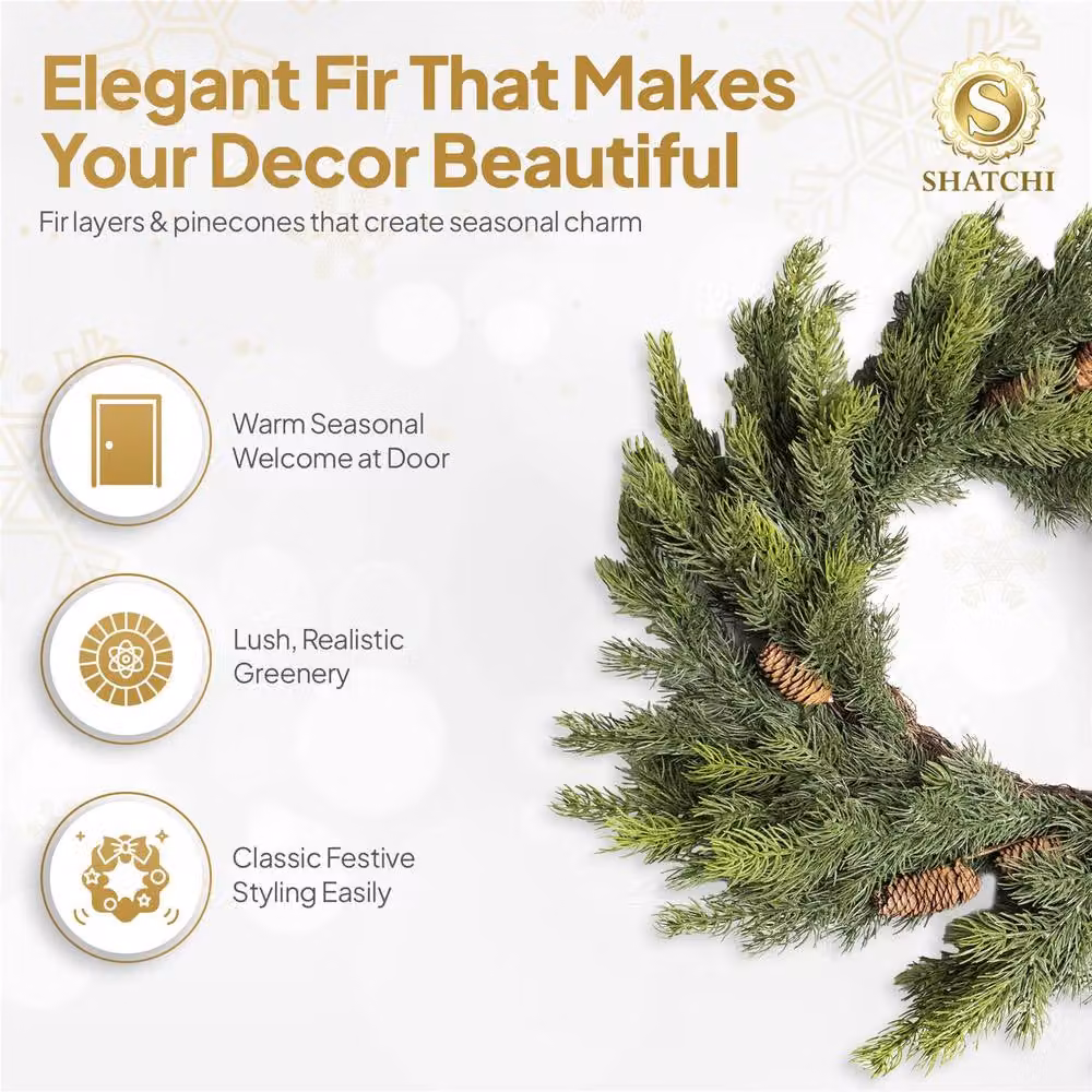 Shatchi Green Fir Christmas Wreath with Pine Cones, Diameter: 60 cm – 3