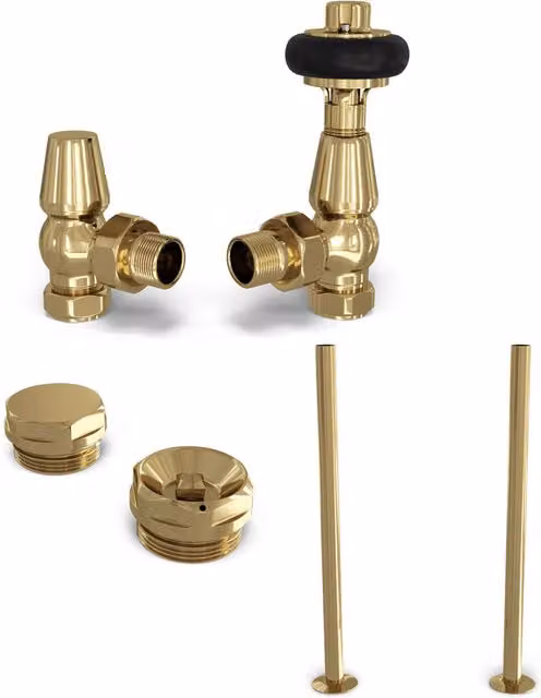 UK Radiators Signature Wooden Head Thermostatic Radiator Valve Installation Kit in Polished Brass with 142mm Diameter