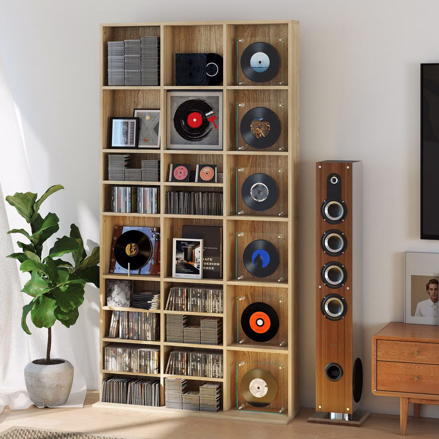 HOMCOM Modern Brown Wood CD Storage Unit with Adjustable Shelves and Media Compartments, W: 102 cm, H: 195 cm – 3