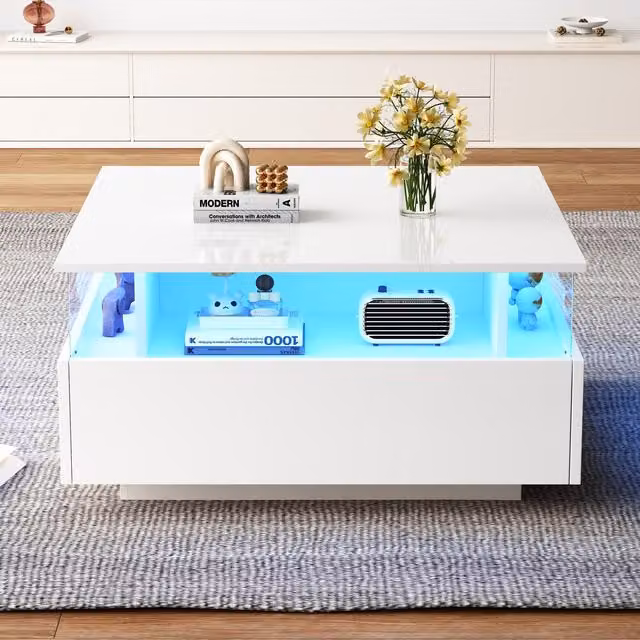Aosom.UK Modern White LED Square Coffee Table with Storage and Bluetooth Control, W: 70 cm, D: 70 cm, H: 41 cm – 1