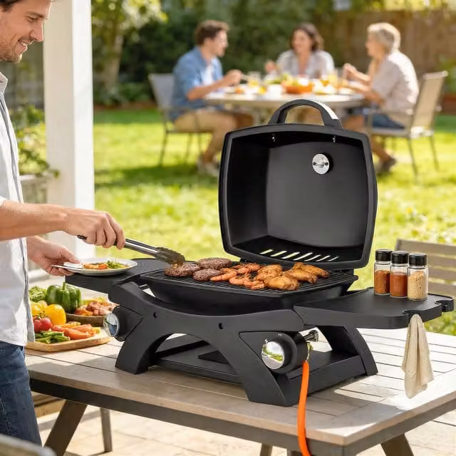 Outsunny 2 Burner Gas Tabletop Grill with 2 Detachable Side Tables and Thermometer, Black
