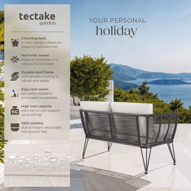 tectake Sundo Garden Sofa in Anthracite Polyrattan with 8cm Thick Removable Cushion Covers