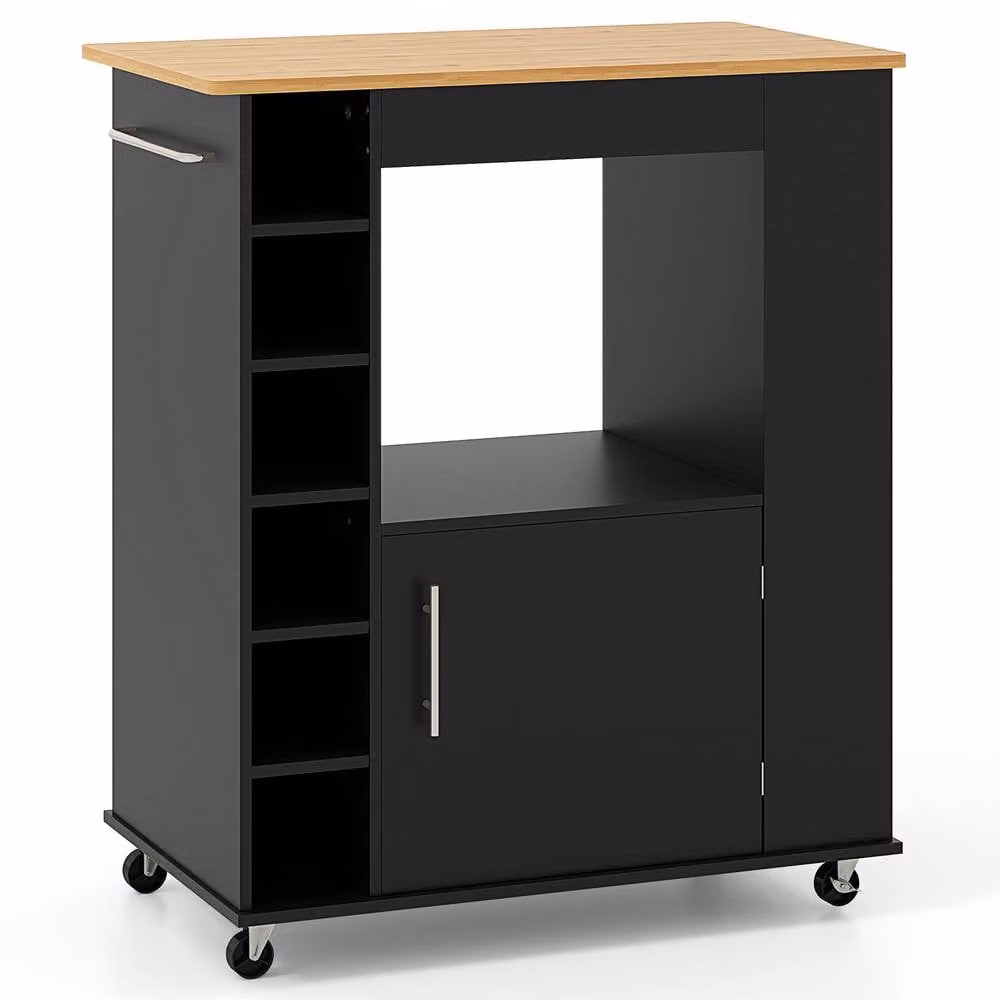Gymax Black Kitchen Island Food Storage Cabinet Trolley Cart with 6 Wine Racks – 9