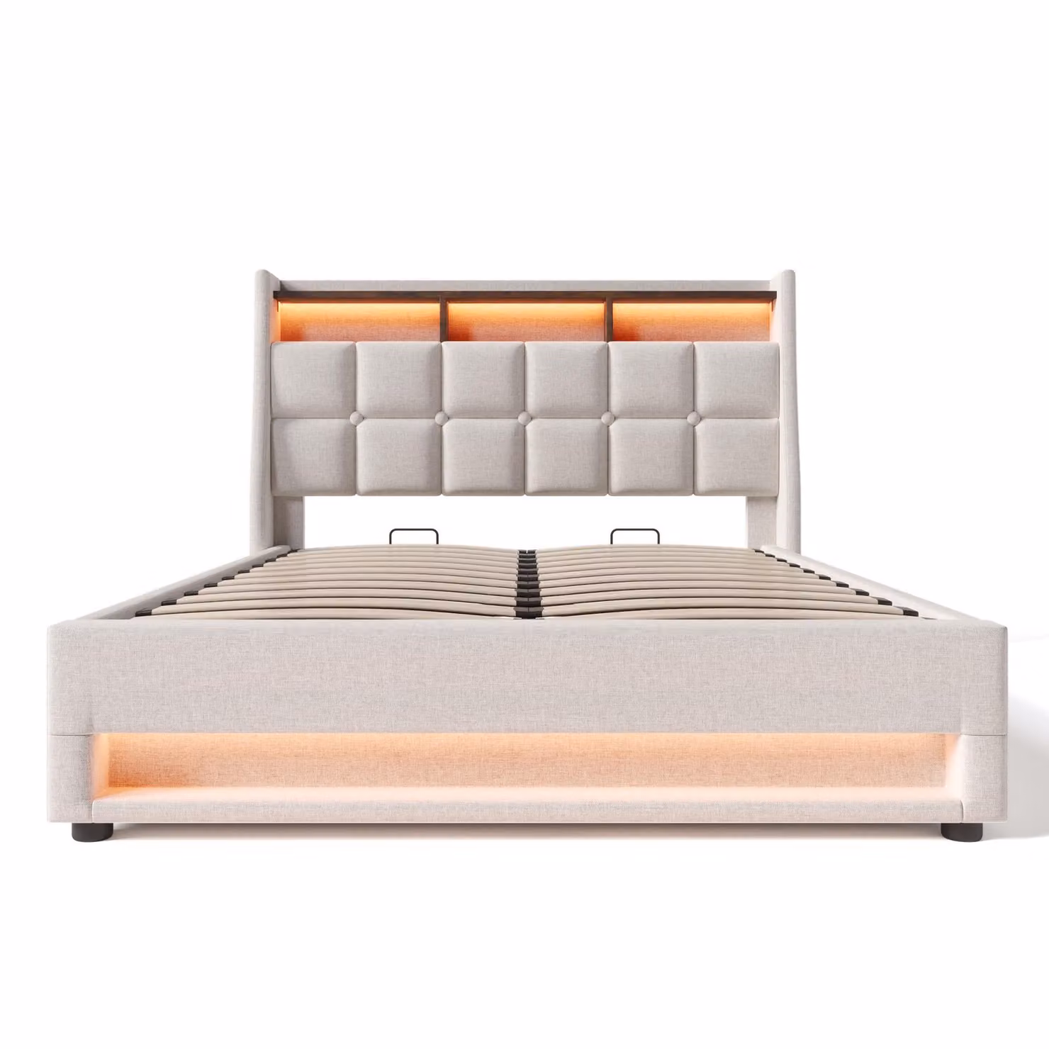 Aosom UK Upholstered Double Bed with LED Lighting, USB-C Charging Station and Lift-Up Base, Beige, H 117 x W 140 x D 200 cm – 2