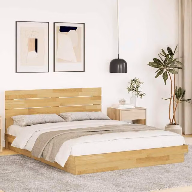 Berkfield Home King Size Solid Wood Oak Bed Frame with Headboard in Brown, W: 150 cm, L: 200 cm