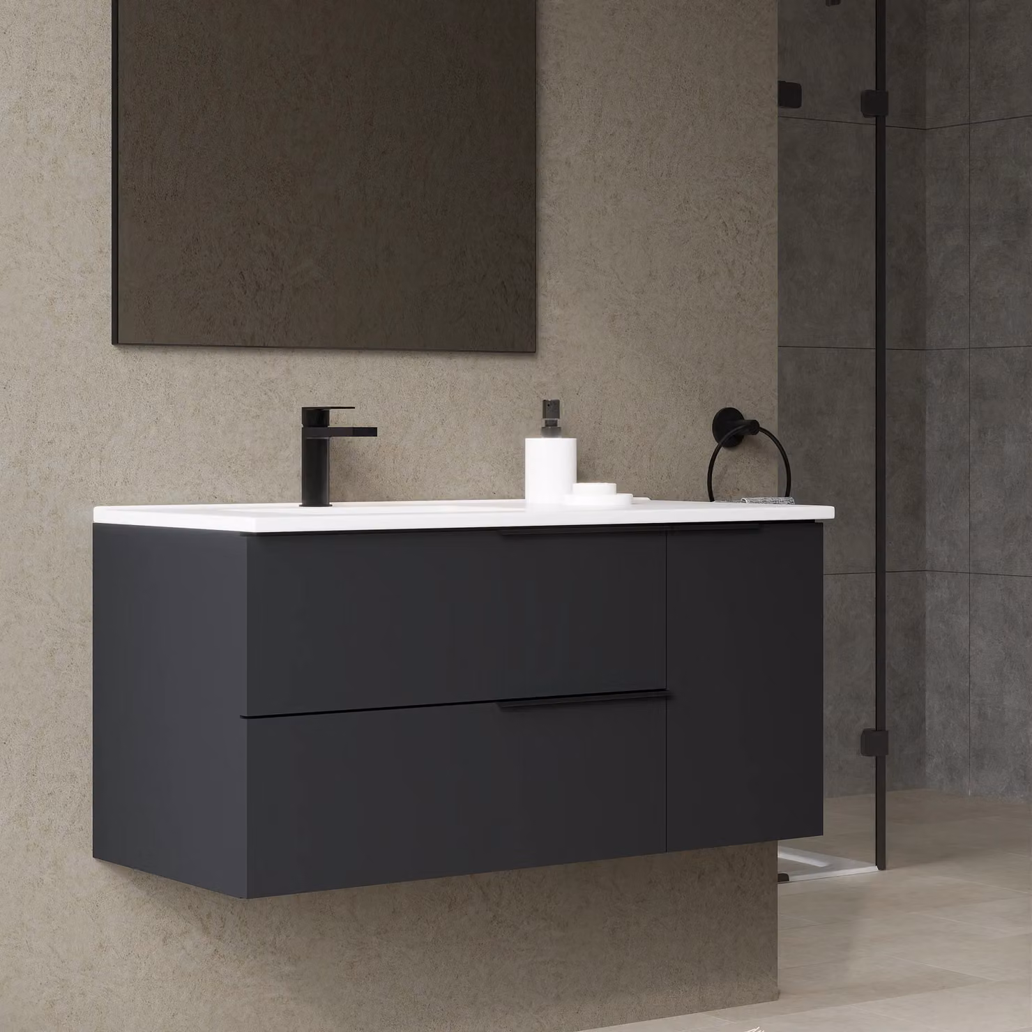 Banyetti Celtic Duo Wall Hung Vanity Unit with Door and Basin, Matt Black, W: 100 cm, D: 45 cm, H: 48 cm – 5