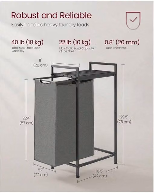 VASAGLE Laundry Basket with Shelf and Removable Fabric Liner, Grey