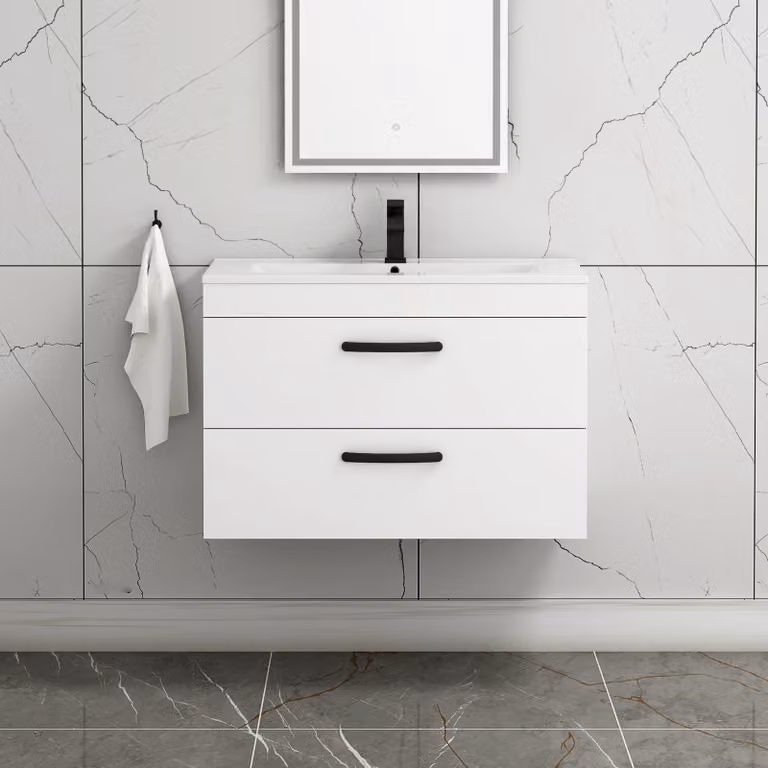 Royal Bathrooms Turin 800mm Gloss White Wall Hung Vanity Unit with 2 Drawers and Matt Black Handles