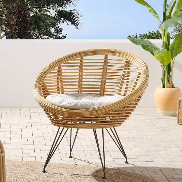 Wyld and Coco Natural Rattan Armchair with Light Beige Cotton Cushion and Black Metal Legs