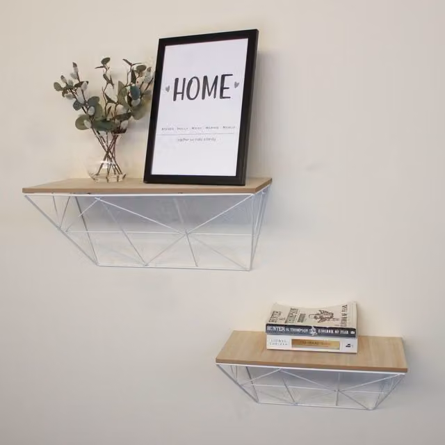 Marco Paul Set of 2 Geometric Wall Mounted Shelves in White and Brown