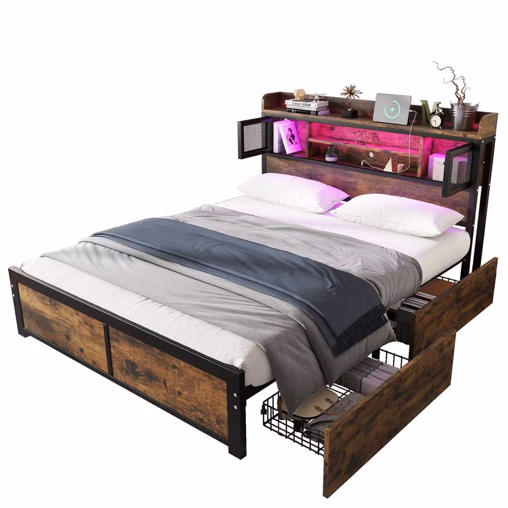 BTM Black Metal Bed with LED Under-Bed Lighting, 2 Drawers and USB Charging Ports, W/D/H: 140 x 200 x 83.5 cm – 8