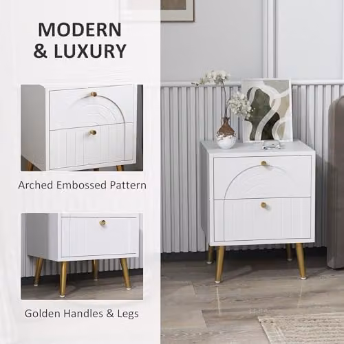 HOMCOM Set of 2 Modern Bedside Cabinets in White and Gold, W/D/H: 40 x 35 x 50 cm – 4
