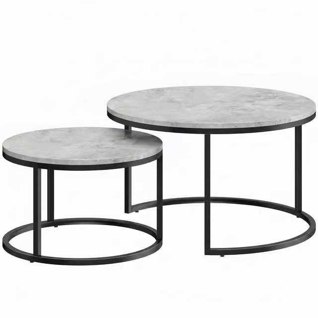 HOMCOM Set of Two Grey Marble-Effect Round Stacking Tables with Glossy MDF Tops and Metal Sled Bases
