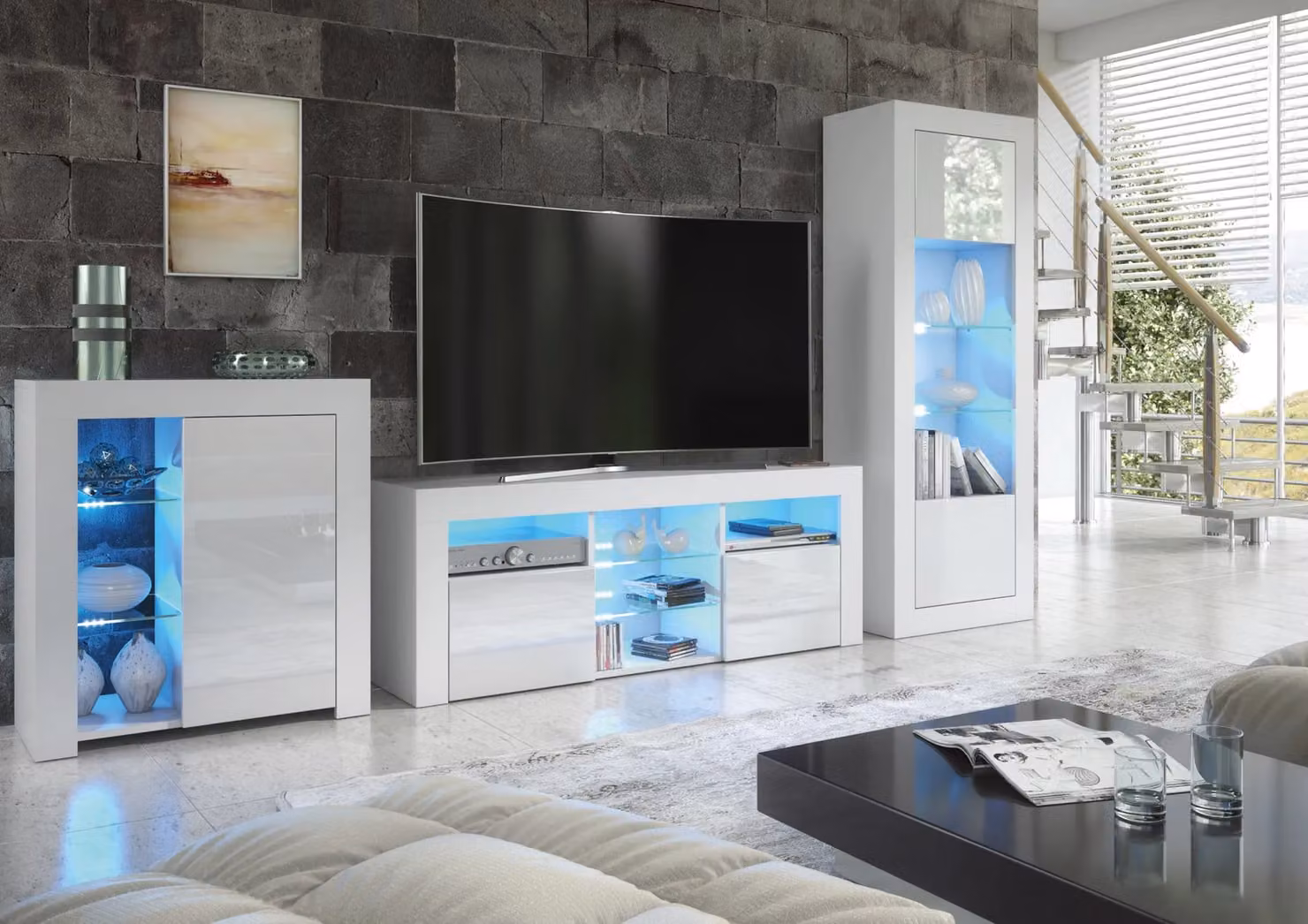 Creative Furniture Serene Sideboard in White with Glossy Doors and Integrated Lighting, W/D/H: 83 x 35 x 75 cm – 4