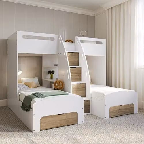 Flair Eddie Staircase Triple Bunk Bed with Storage and Drawers in White and Brown Oak