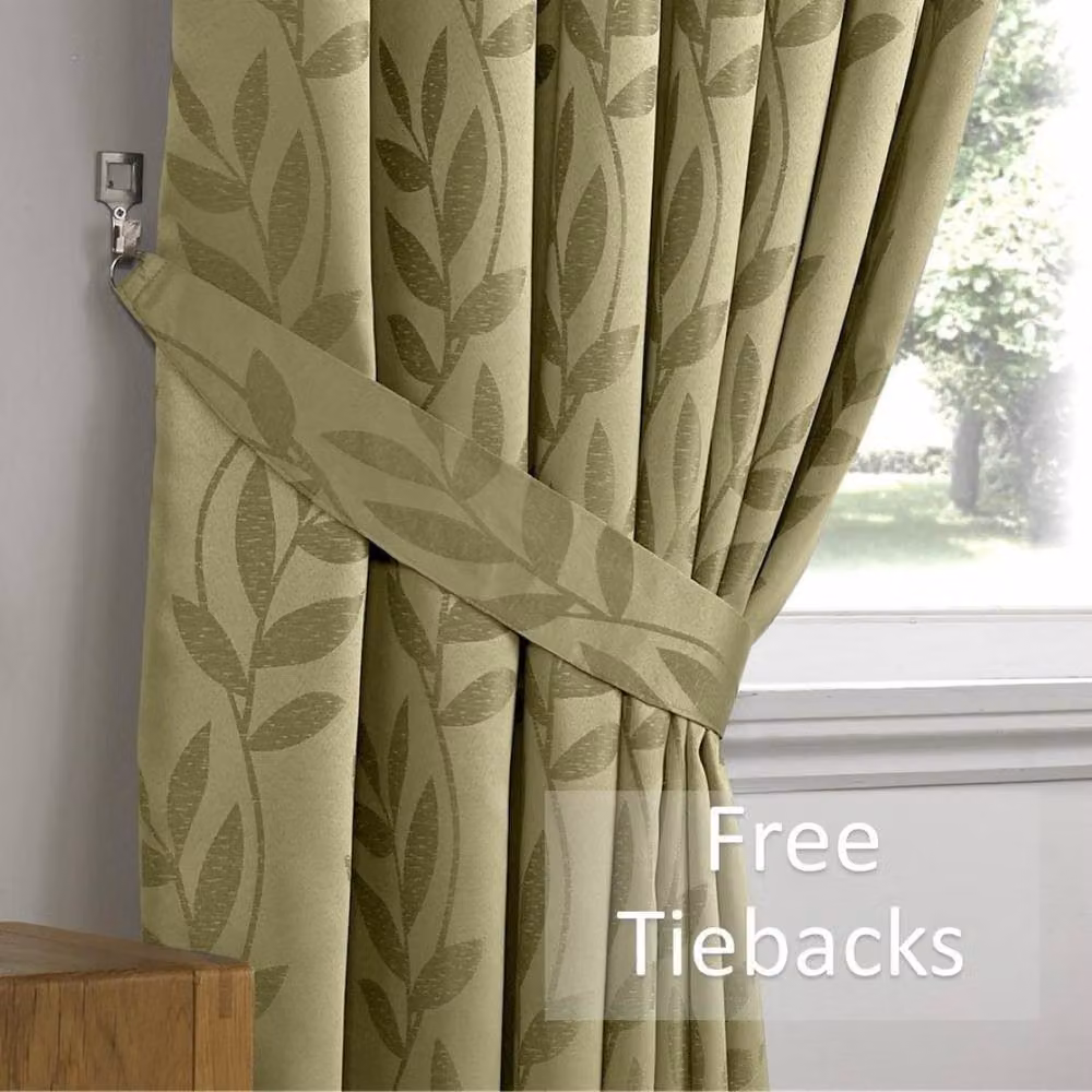 Luxury Living Green Jacquard Leaf Ring Top Curtains, Silk Look, Width: 168 cm, Drop: 137 cm – 2