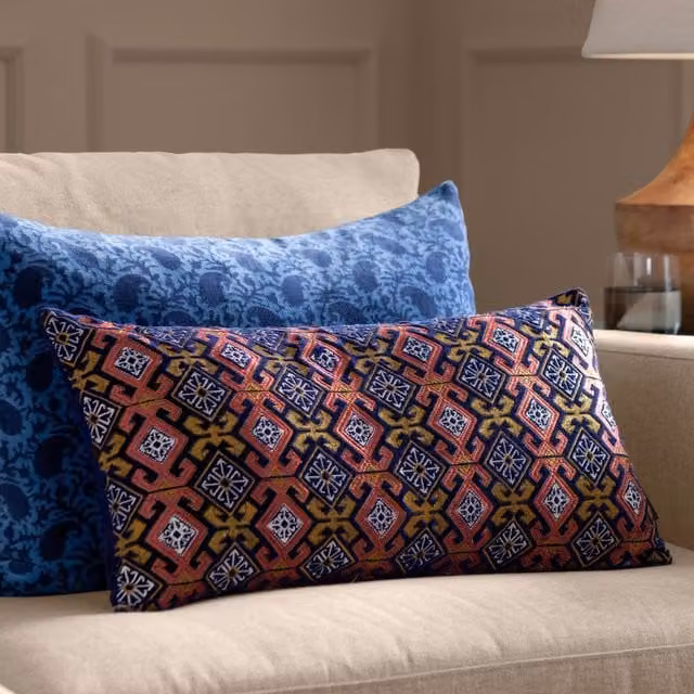 Paoletti Seventy Three Laurel Embroidered Velvet Boudoir Cushion, Rose Blue, W: 60 cm, H: 30 cm, D: 30 cm