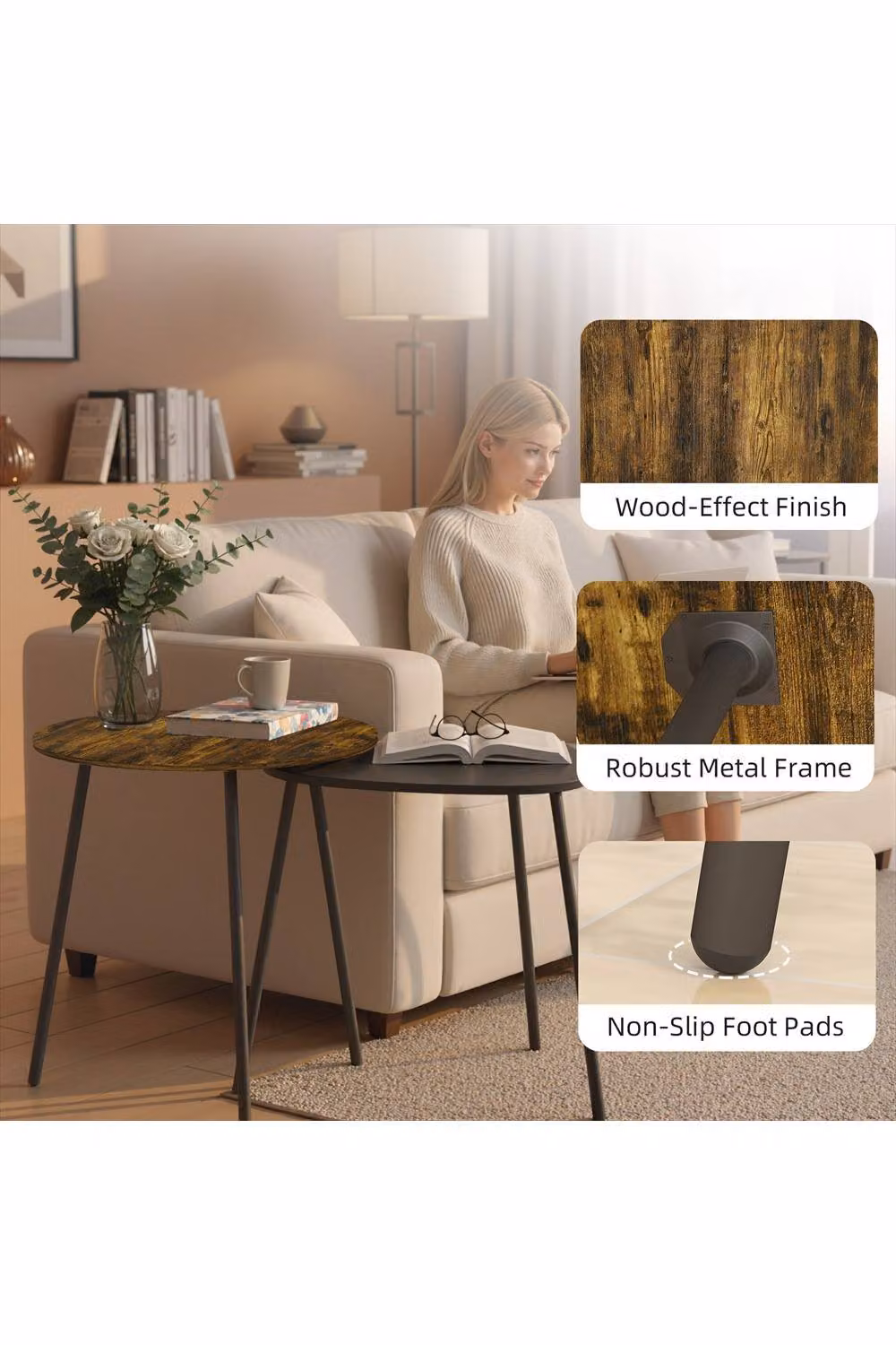 ERGOVEXA Nesting Side Table Set of 2, Rustic Brown – 3