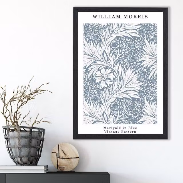 ARTZE William Morris Marigold Floral Wall Art in Mid Blue with Black Frame, A2