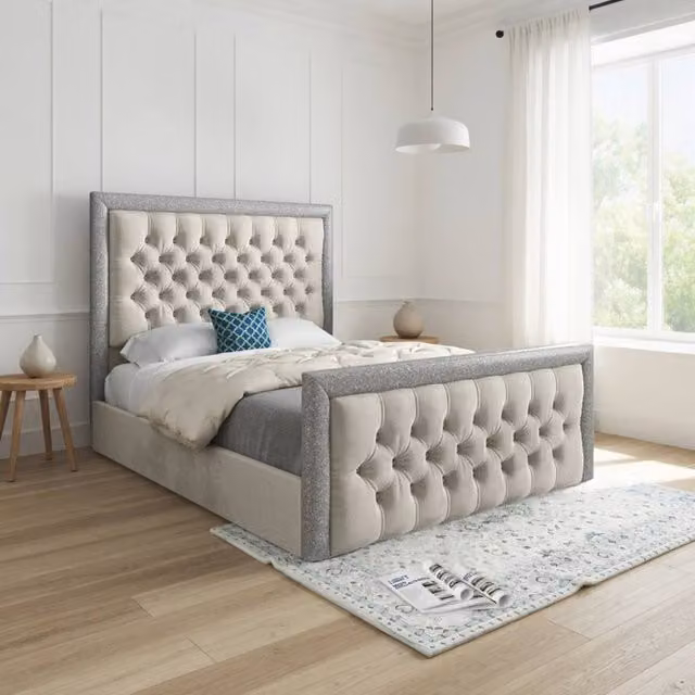 KDMD Wolston Designer Bed Frame in Cream Beige Soft Velvet with Glitter Border, W/D/H: 90 x 200 x 137 cm