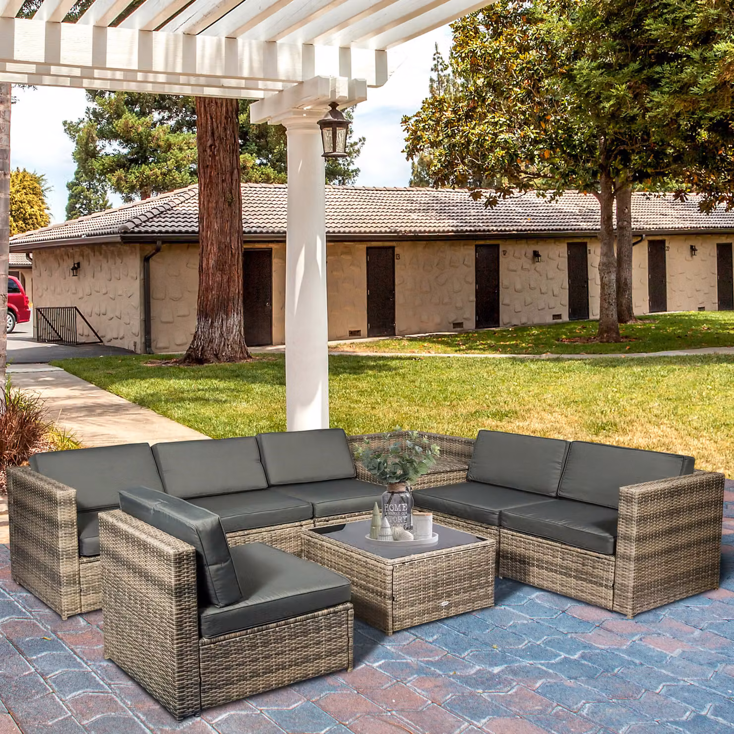 Outsunny 6-Seater Outdoor Rattan Wicker Sofa Set with Cushions and Hidden Storage Side Table in Mixed Brown – 2