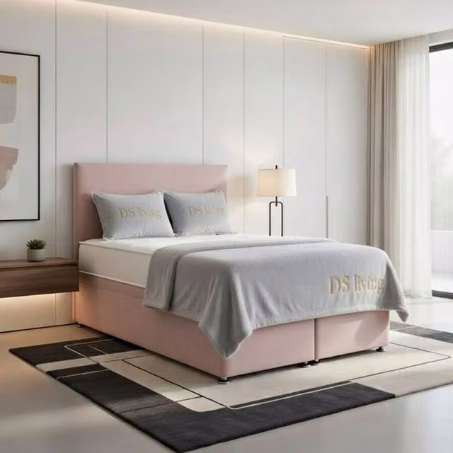 DS Living Prima Pink Upholstered Fabric Divan Bed, W/D/H: 200 x 200 cm – 1