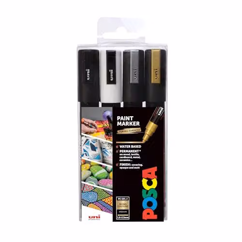 POSCA PC-5M Medium Tip Acrylic Paint Marker Pens, 4-Pack in Black, White, Silver and Gold – 1