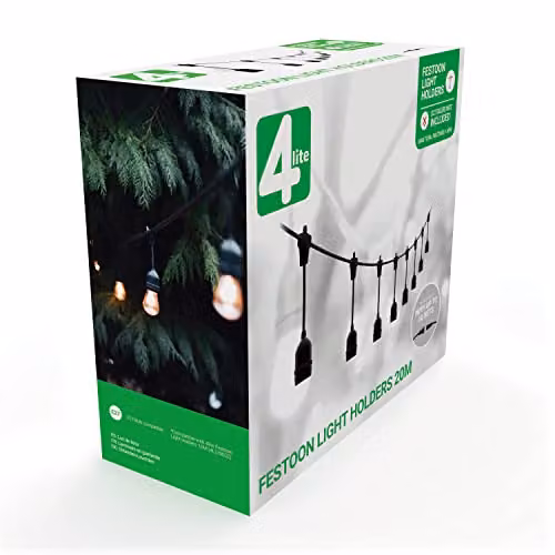 4lite Black Festoon Outdoor String Lighting with 20m Length and 20x E27 Sphere Bulb Holders, IP44 Rated – 4