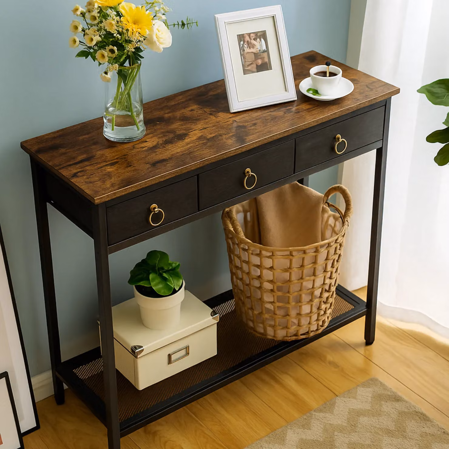 Storvo Slim Console Table with 3 Non-woven Drawers in Brown, W/D/H: 80 x 25 x 100 cm – 3