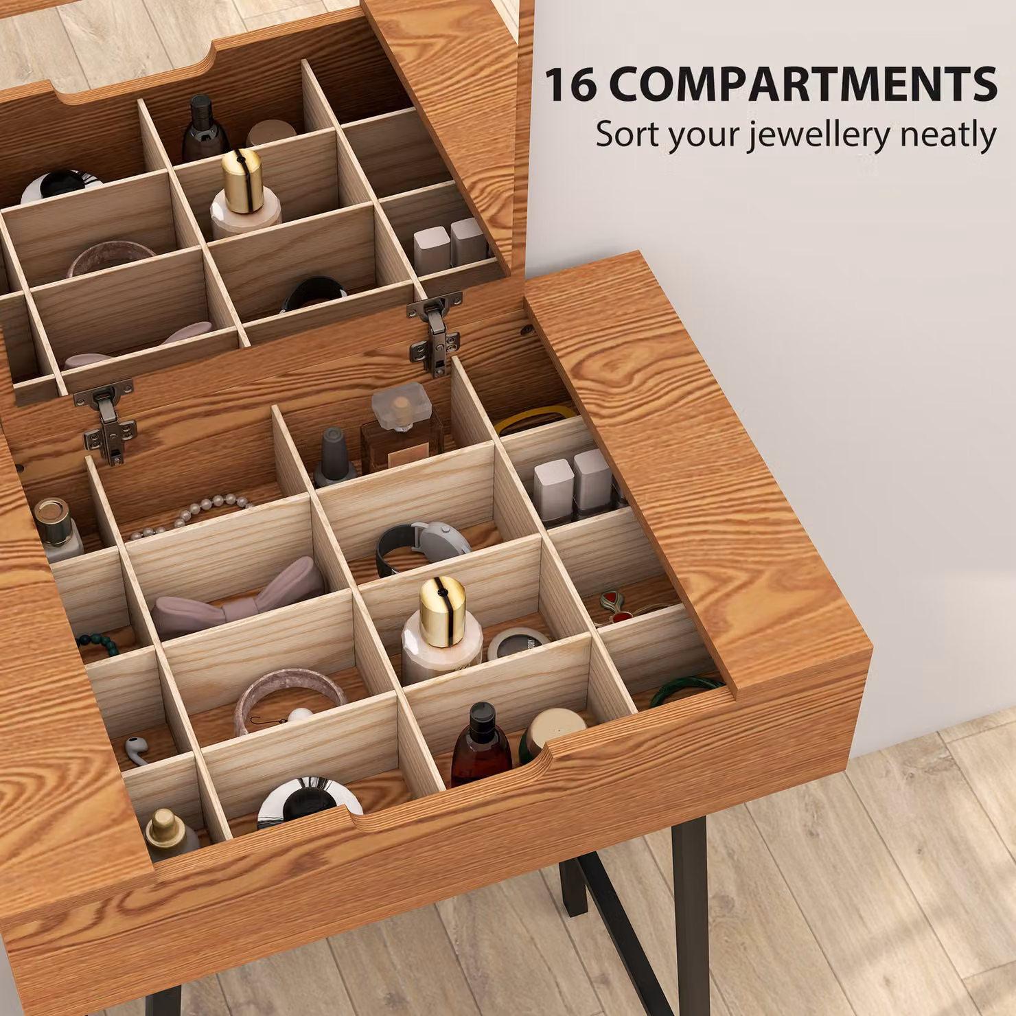 HOMCOM Industrial Vanity Desk with Flip-Up Mirror and 16 Compartments in Black and Brown Natural Wood Effect – 4