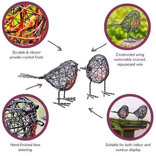 Paper High Set of Two Red Breasted Robin Metal Wire Mesh Decorative Ornaments in Black and Red – 4