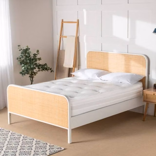 Snuggle Beds Clementine White Rattan and Solid Wood Bed Frame, King Size (180 x 200 cm)