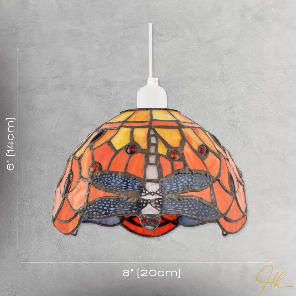 Happy Homewares Art Nouveau Dragonfly Stained Glass Tiffany Pendant Shade in Orange, Red and Pink – 4