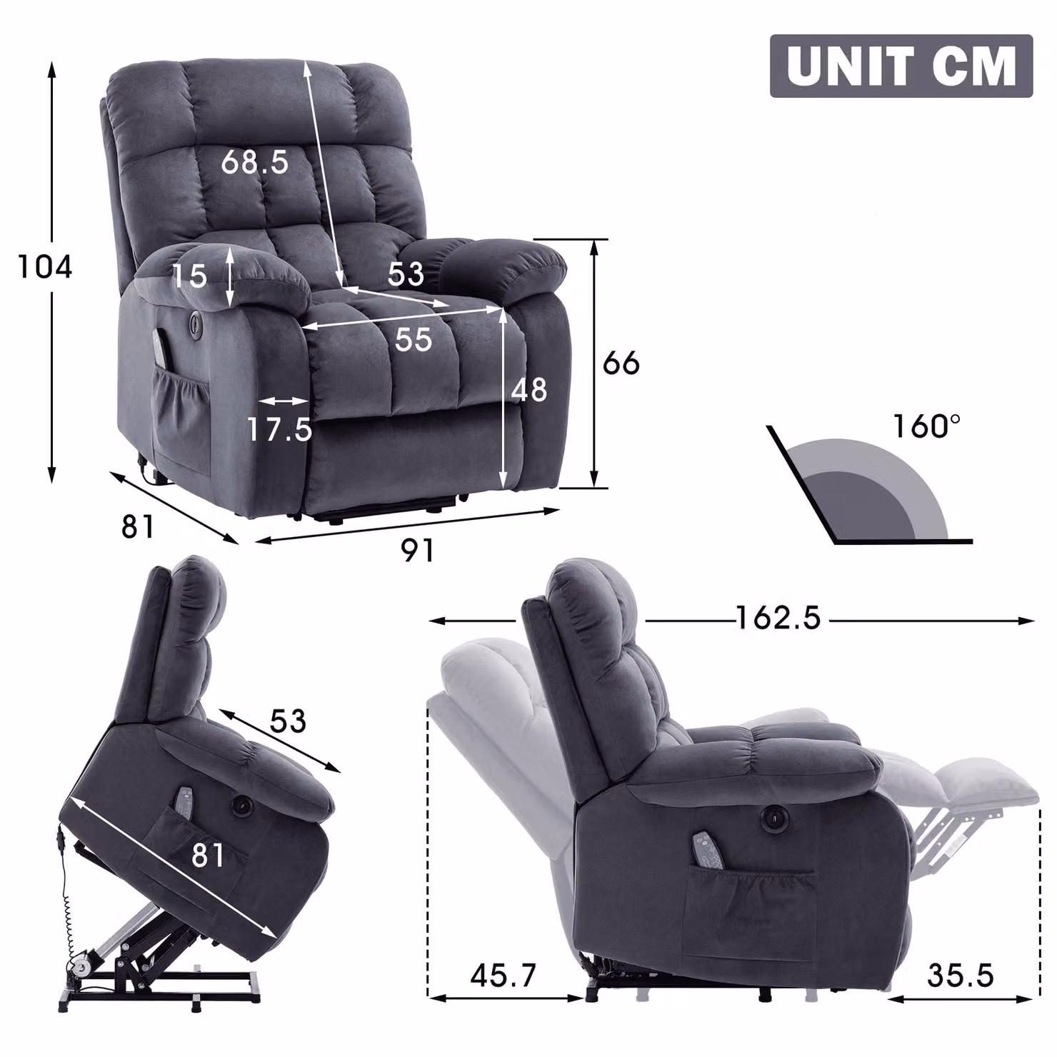 Aosom.UK Grey Power Lift Recliner Armchair with Heating, USB Ports and Side Pockets, W/D/H: 81 x 91 x 104 cm – 3