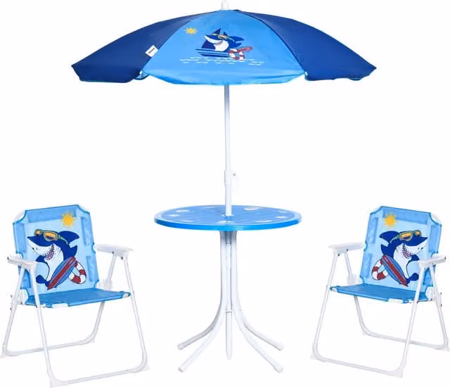 Outsunny Kids Picnic Table and Chair Set with Adjustable Sun Umbrella, Shark Design, Blue – 1