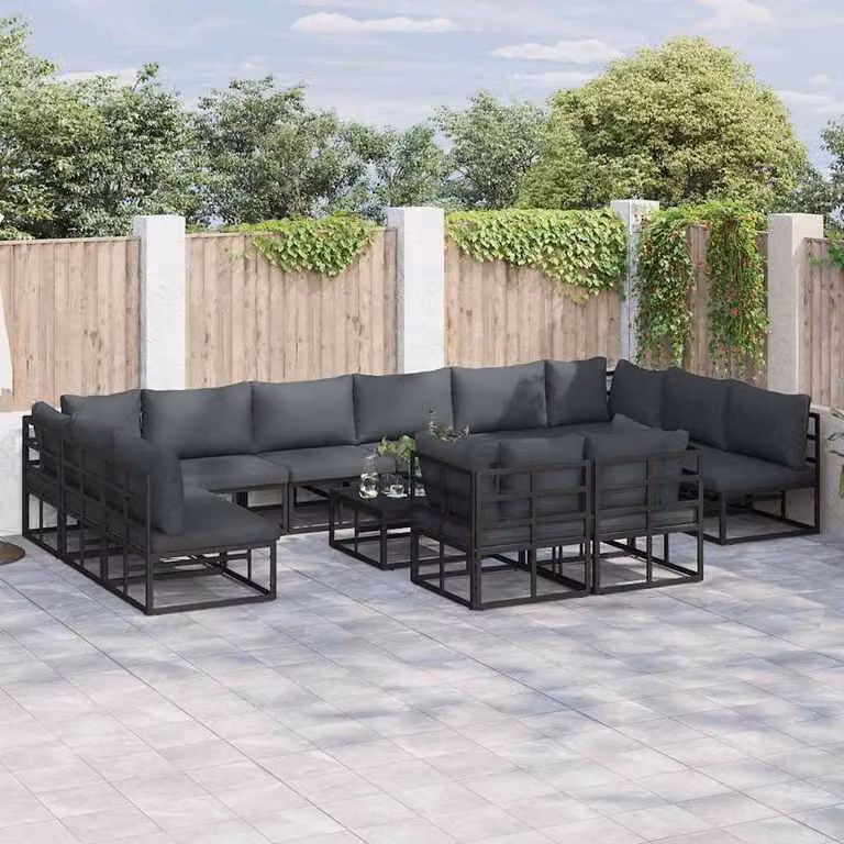 Berkfield Home 12 Piece Garden Sofa Set with Upholstered Cushions and Pillows in Black Powder Coated Aluminium