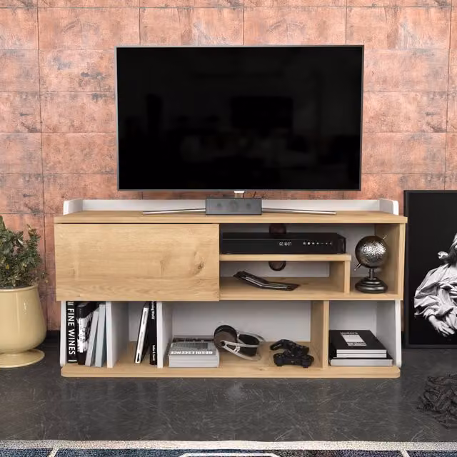Raca Modern Wood TV Unit in White and Yellow, W: 120 cm