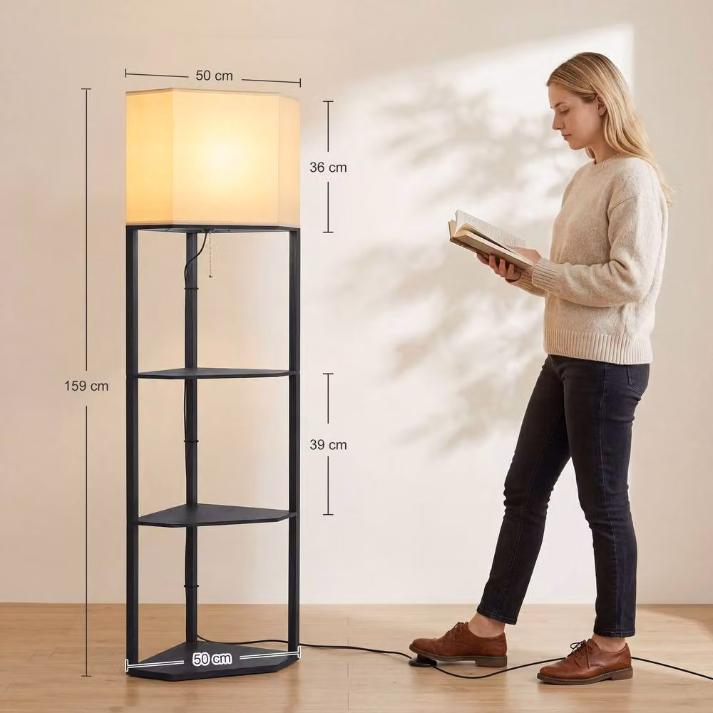 HOMCOM Modern Black Corner Floor Lamp with Shelves, Dimmable Standing Lamp with Remote Control and Timer – 2