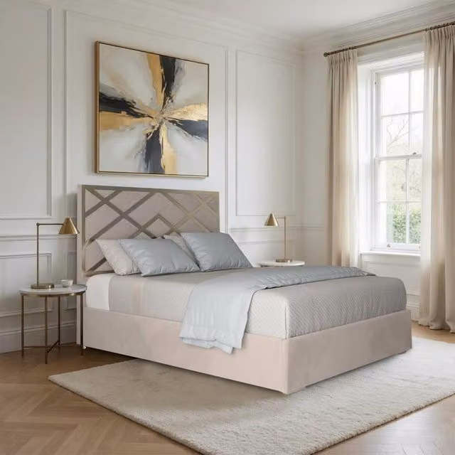 Casani Mallerstang Super King Upholstered Velvet Bed Frame in Beige with Metal Details, W/D/H: 200 x 127 x 189 cm